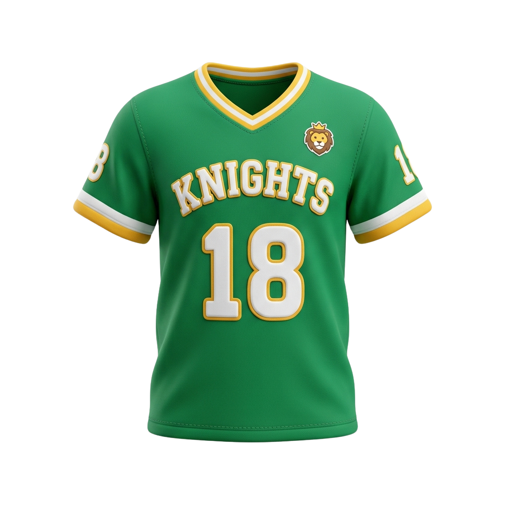 Green sports jersey with white and yellow accents displaying the word Knights and number 18, featuring a lion logo on the chest