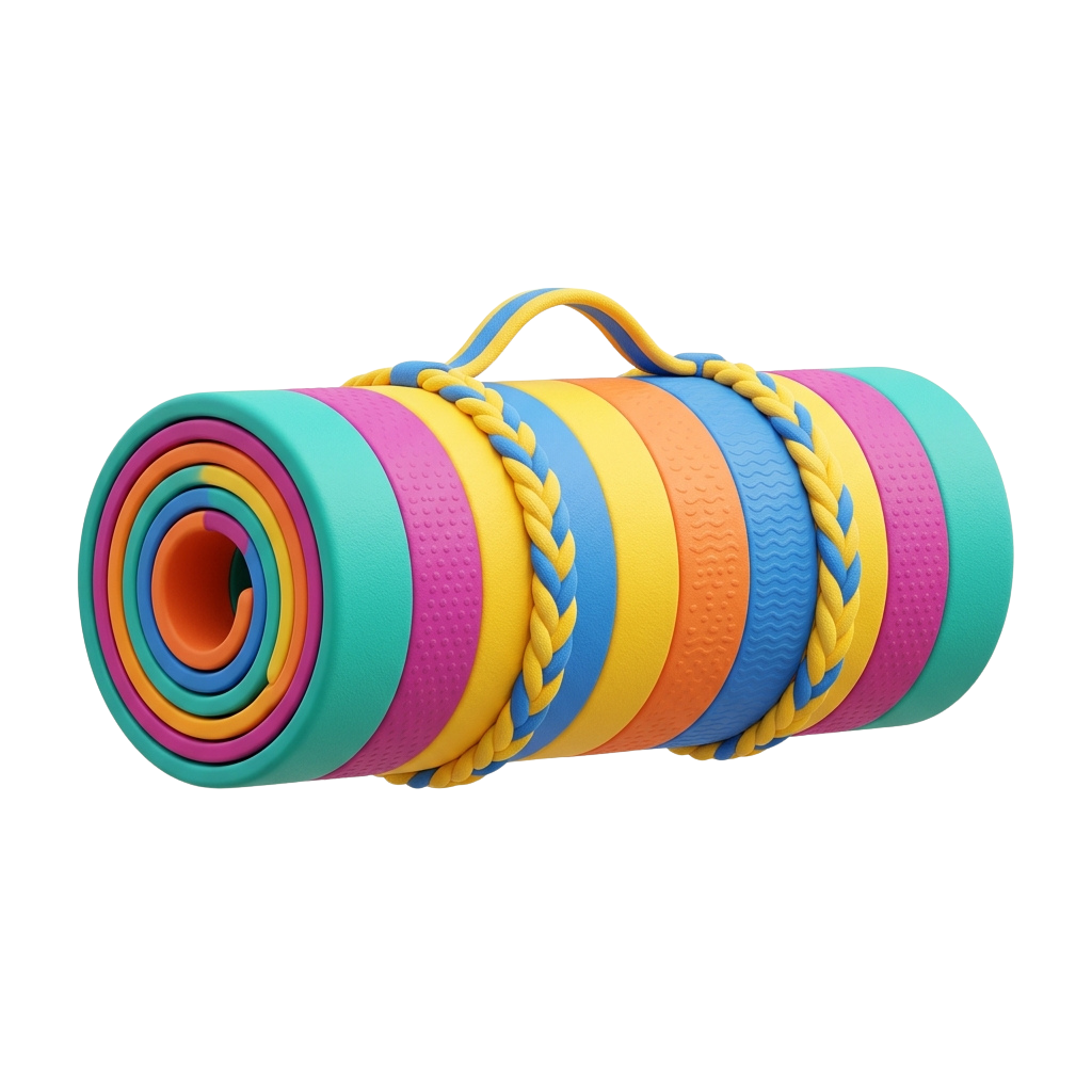 A rolled multicolored yoga mat with a yellow carrying strap attached