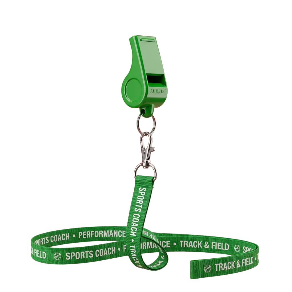 Green whistle attached to a lanyard labeled Sports Coach Performance Track and Field