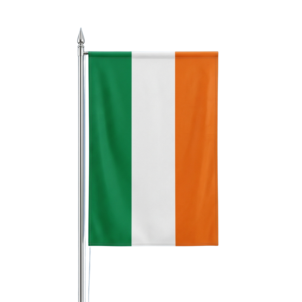 Irish flag with vertical green white and orange stripes on a flagpole