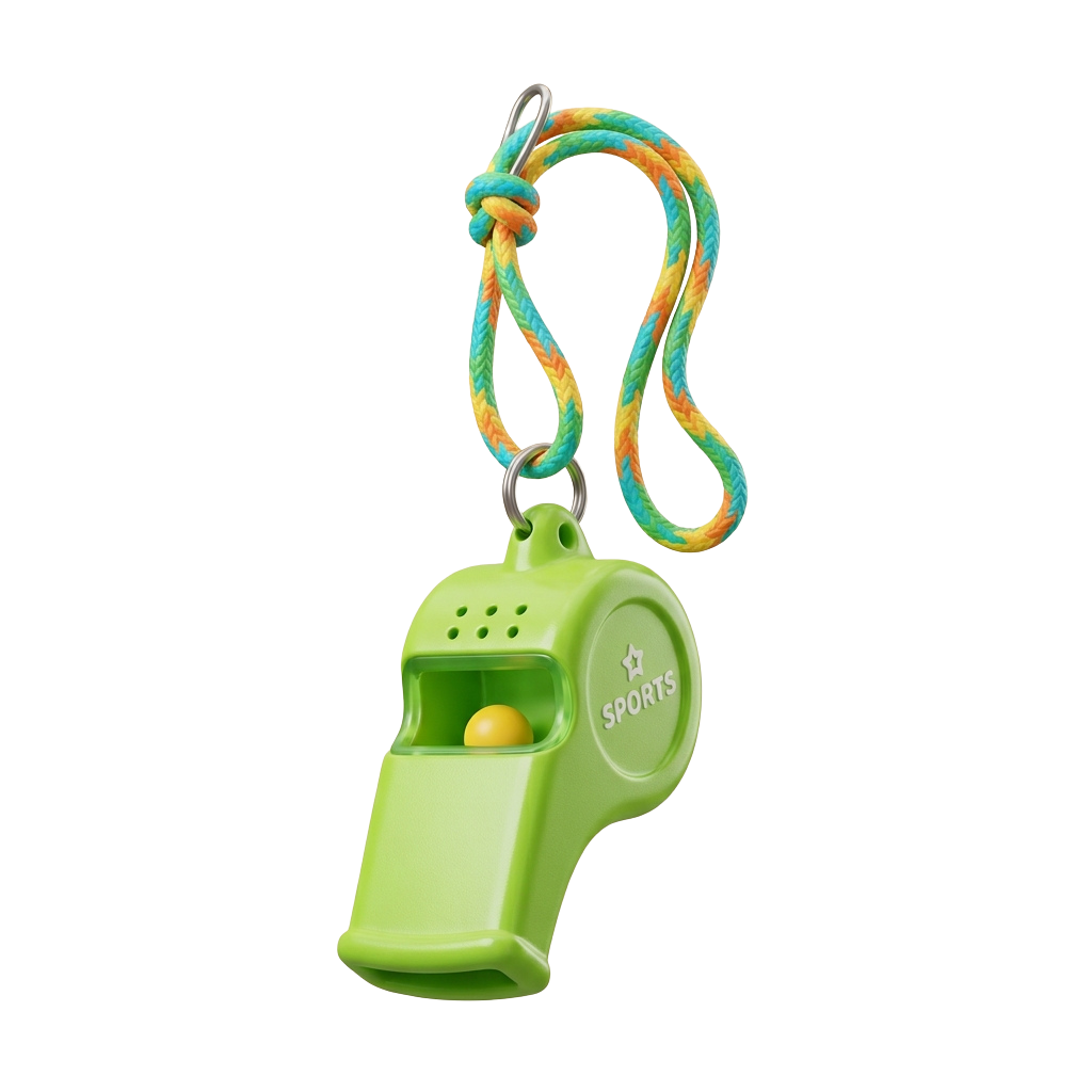 Bright green sports whistle attached to a colorful lanyard keychain