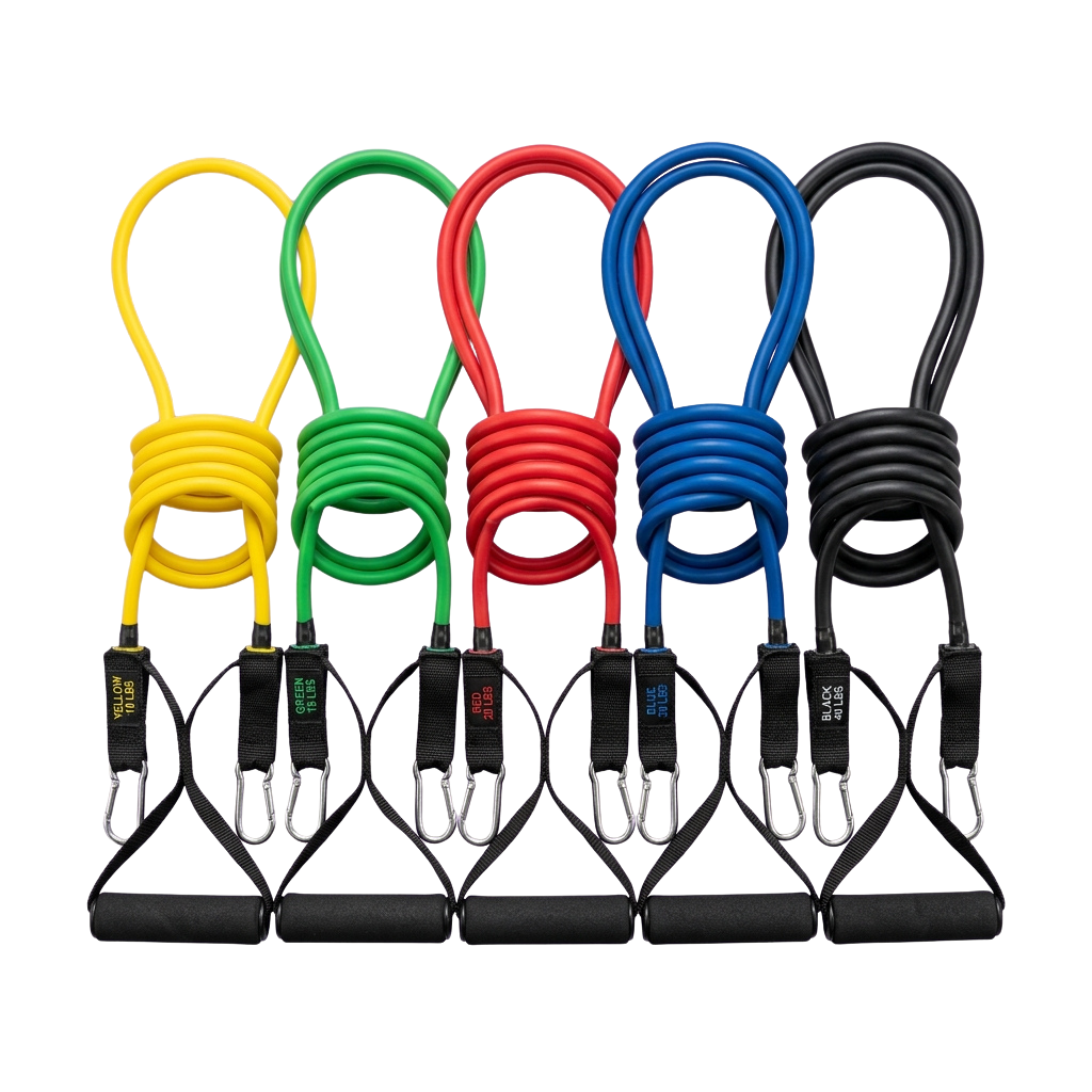 Five resistance bands in yellow, green, red, blue, and black with attached carabiners