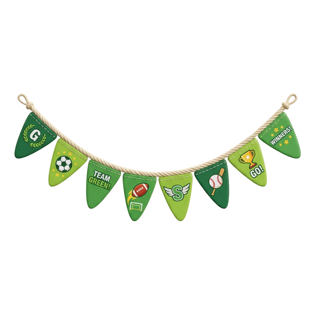 Green triangular flags on a rope banner displaying sports symbols and victory messages