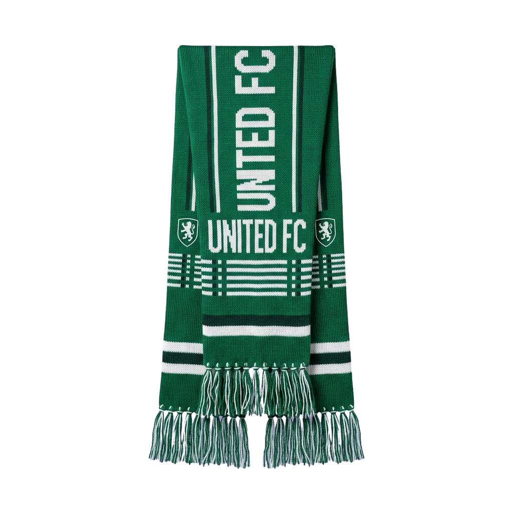 Green scarf with white text reading United FC and two lion emblems on either side, striped pattern at bottom