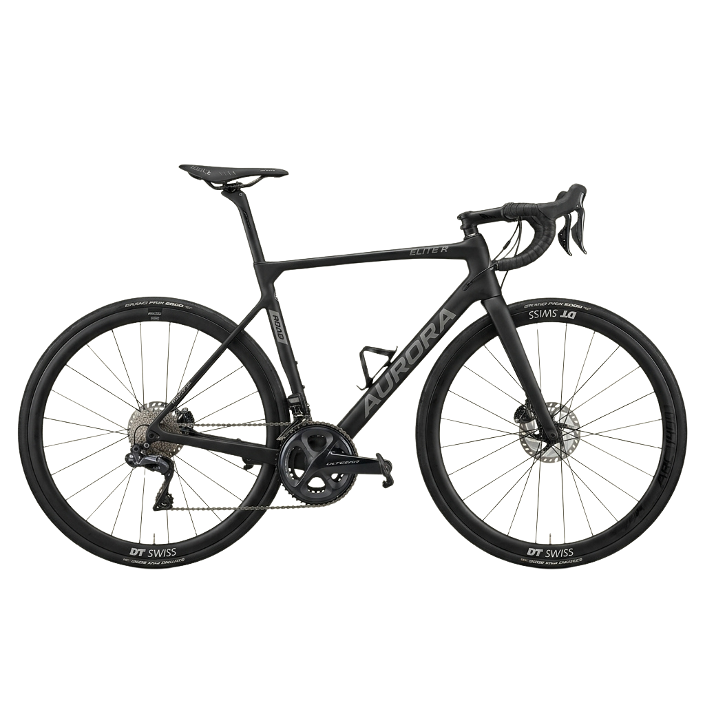 Black road bike with carbon frame, drop handlebars, disc brakes, and DT SWISS wheels
