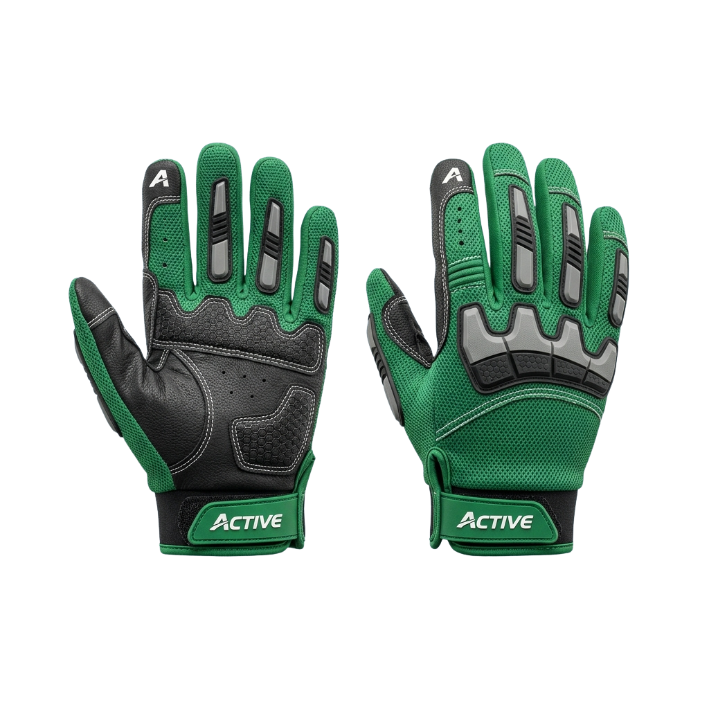 Pair of green and black fingerless sports gloves with padded palm and wrist support