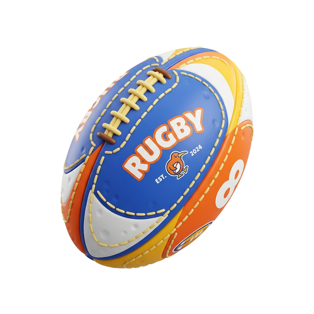 A cake shaped and decorated like a rugby ball with blue, orange, and white colors and the word Rugby written on it
