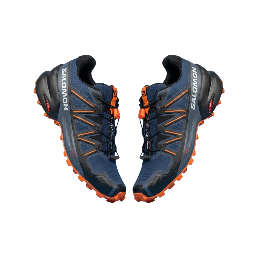 Pair of blue hiking shoes with orange accents and black laces, shown side by side