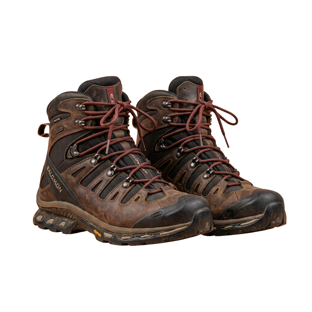 Pair of worn brown hiking boots with red laces and sturdy soles against a black background