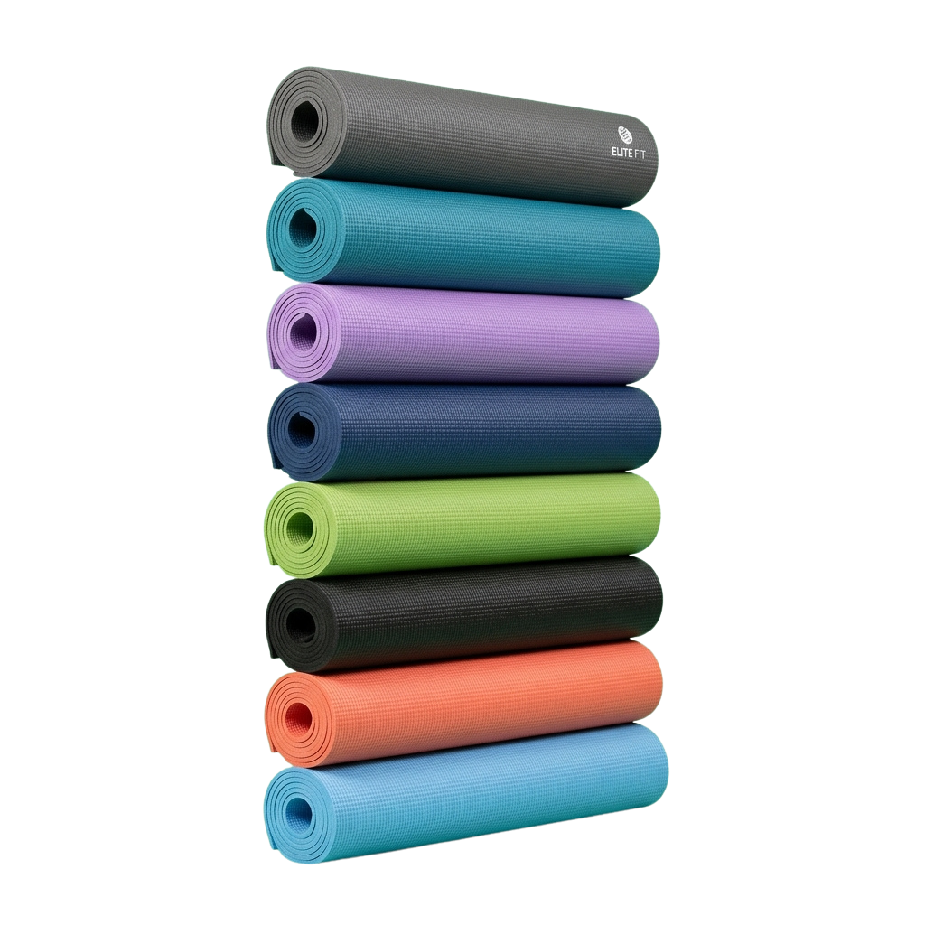 Nine rolled yoga mats in various colors stacked vertically against a black background