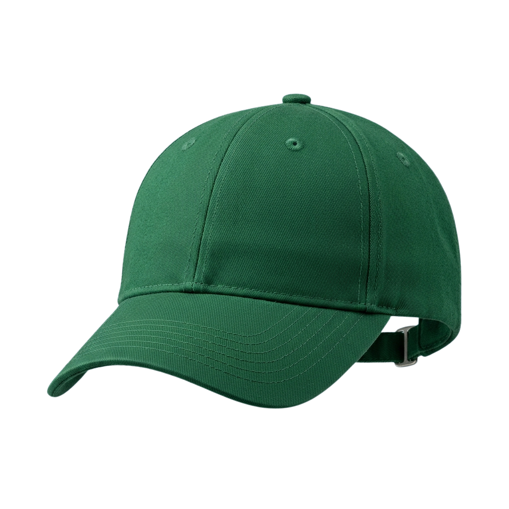 A solid green baseball cap with a curved front and adjustable strap on the side