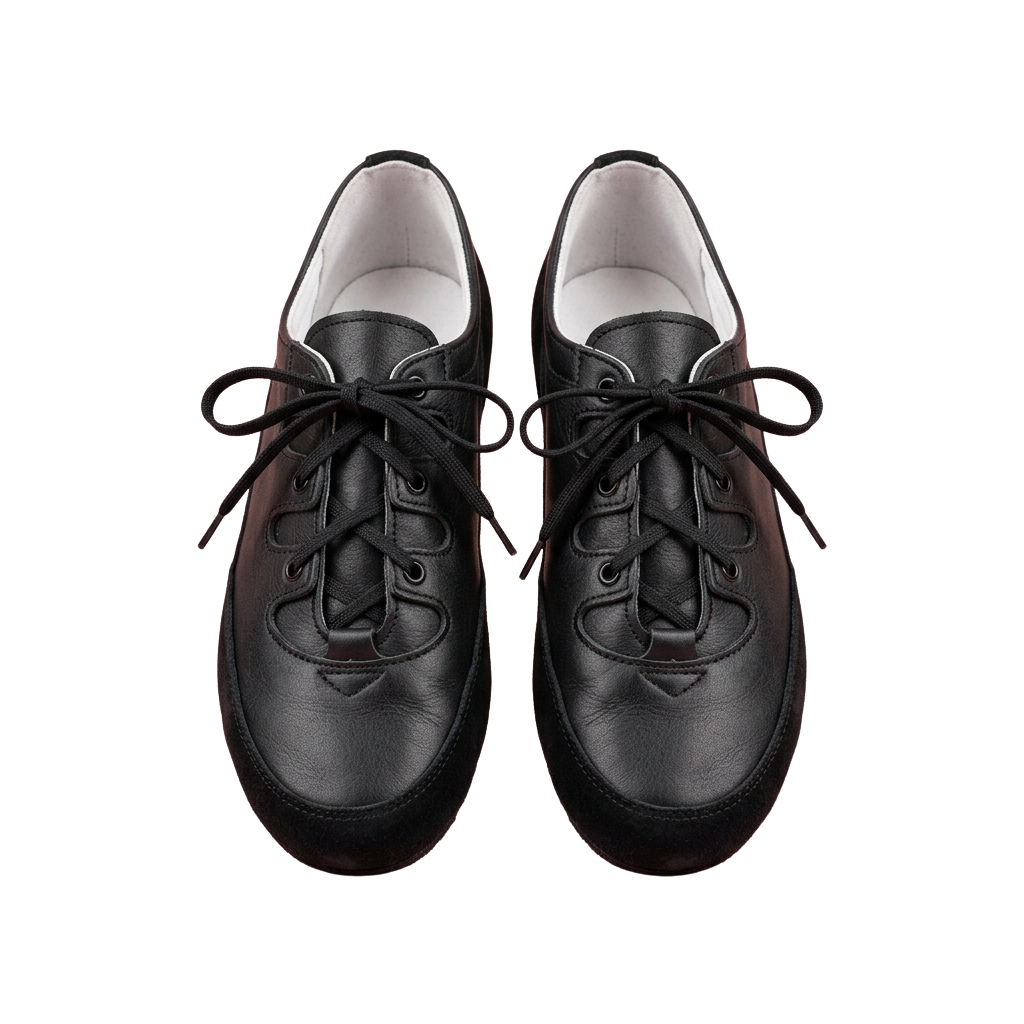Pair of black leather slip-on shoes with dark brown accents and black laces tied in bows