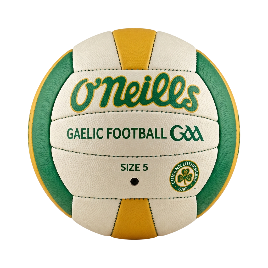 Gaelic football with green, white, and yellow panels labeled Gaelic Football and size 5