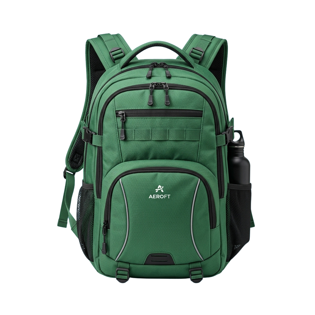 A green backpack featuring multiple compartments, padded straps, and a side water bottle holder