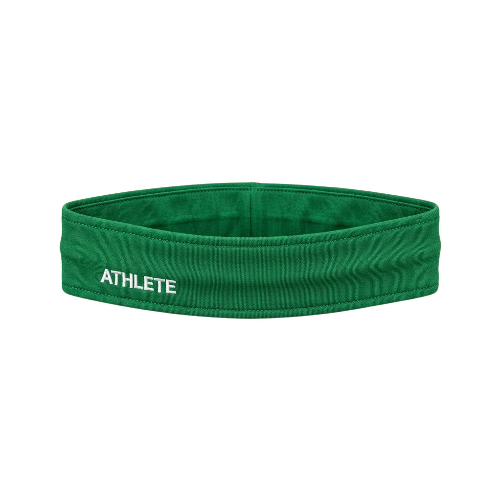 Bright green sweatband with the word ATHLETE printed in white letters on a black background
