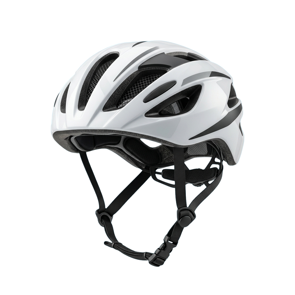 White bicycle helmet with multiple vents and a black adjustable chin strap shown against a dark background
