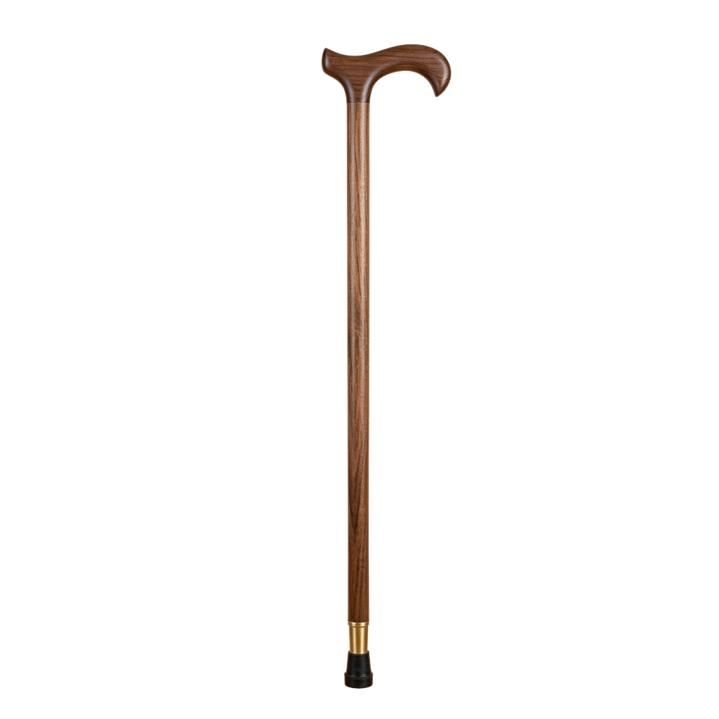 A wooden cane with a curved handle and brass ferrule for stability