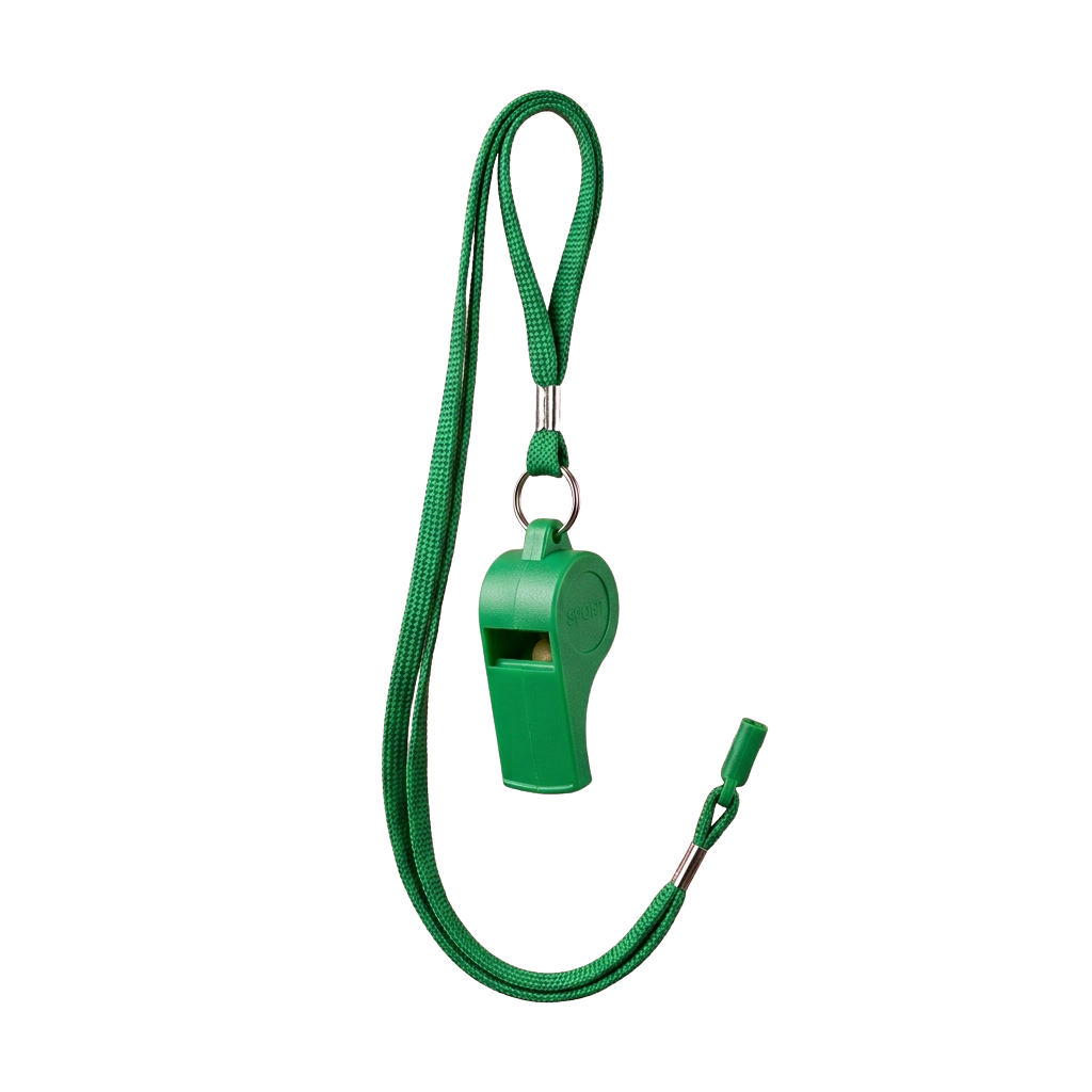 A green whistle attached to a green lanyard with a metal carabiner clip