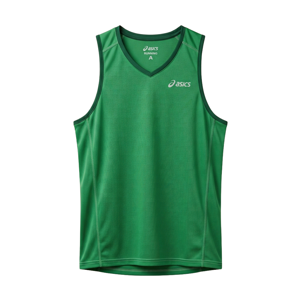 Green sleeveless running tank top with a small logo on the chest and back