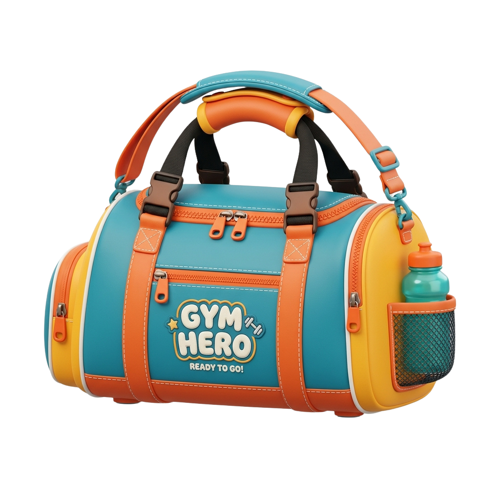 Bright blue, orange, and yellow gym duffel bag with a water bottle holder and mesh pocket