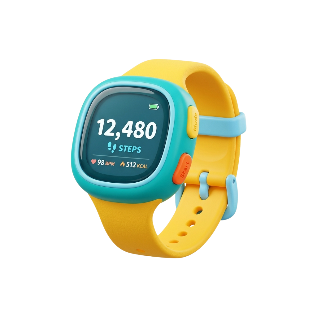 Colorful fitness tracker on a yellow and blue wristband displaying 12480 steps, 98 BPM, and 512 kcal burned