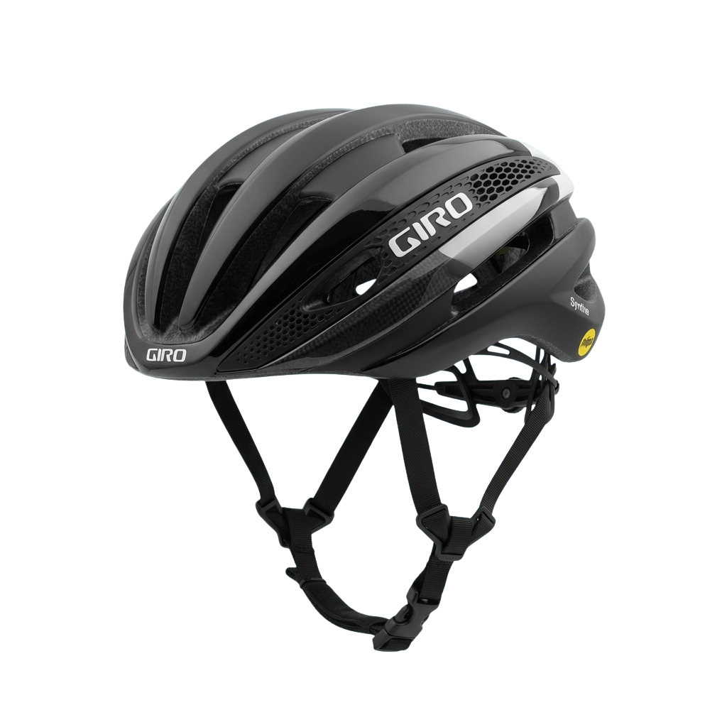 Black road cycling helmet with ventilation slots and adjustable strap system