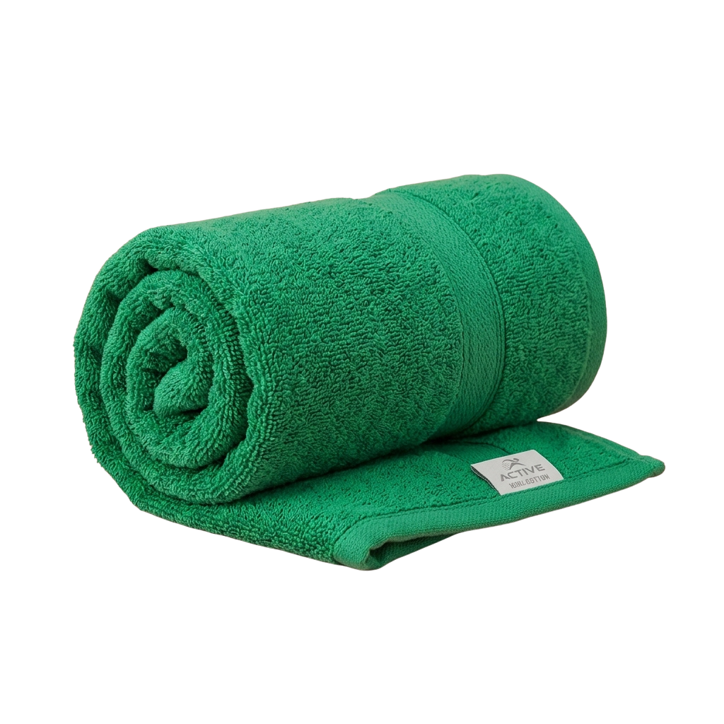 A rolled green microfiber towel with a small white tag attached to one end.
