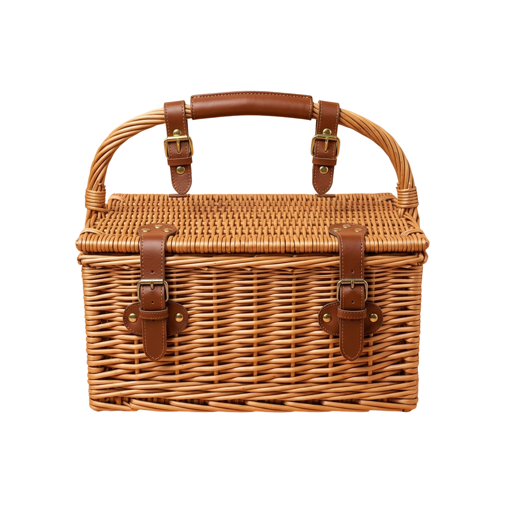 A wicker picnic basket featuring brown leather handles and straps, secured with brass buckles