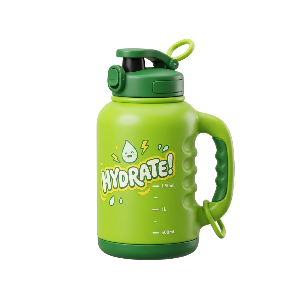 Bright green water bottle with handle, spout, and HYDRATE text and water droplet graphics