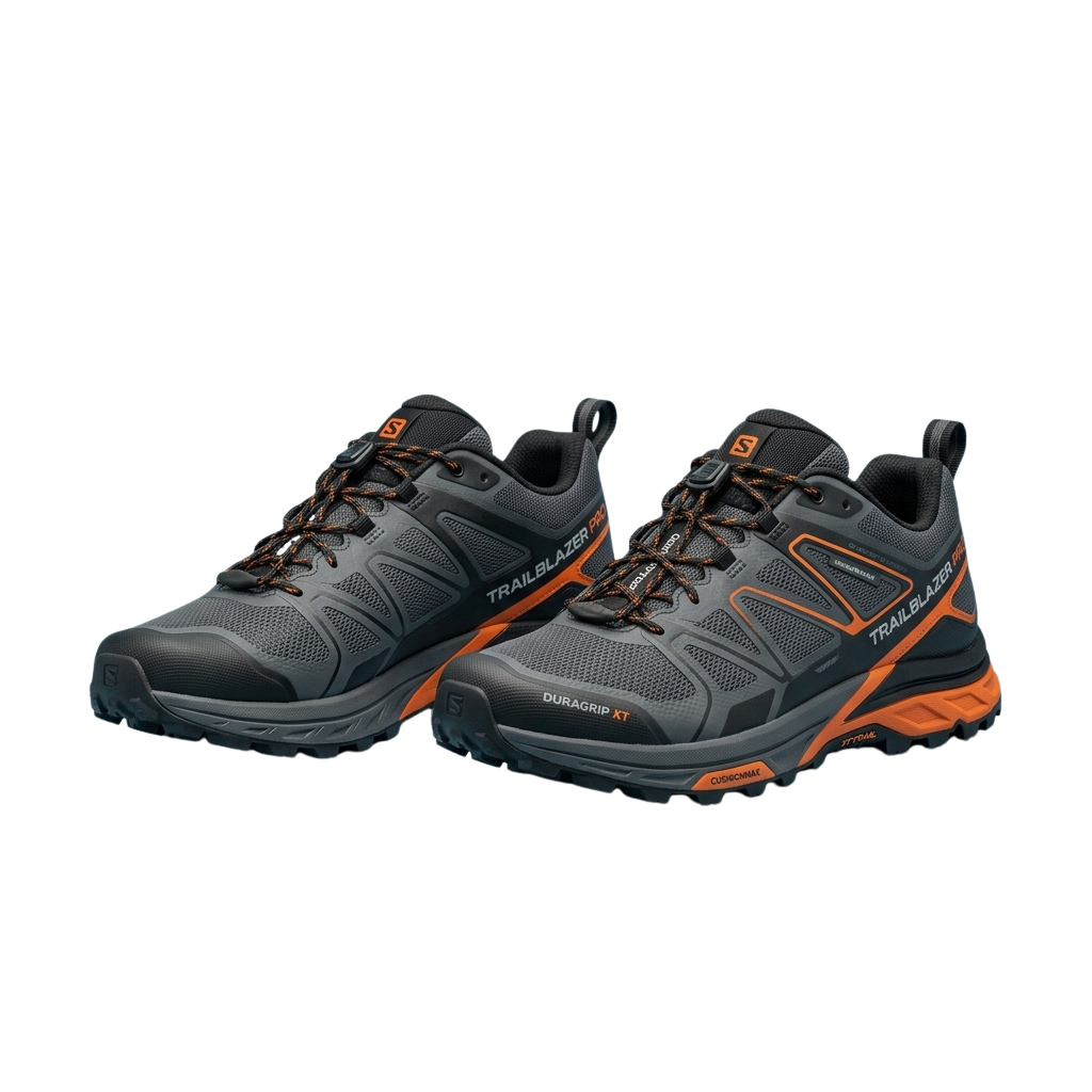 Pair of gray hiking shoes with orange accents and laces, designed for rugged trails.