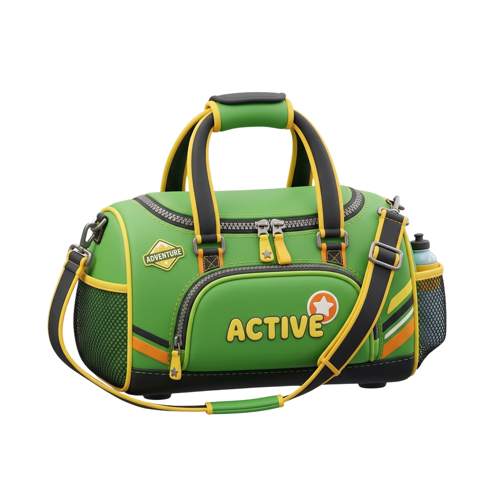 Bright green duffle bag with black and yellow accents, featuring mesh pockets and a water bottle holder