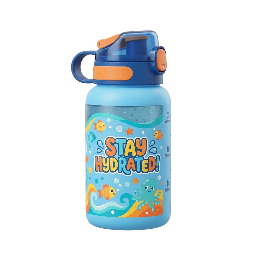 Blue water bottle with ocean-themed design and Stay Hydrated text