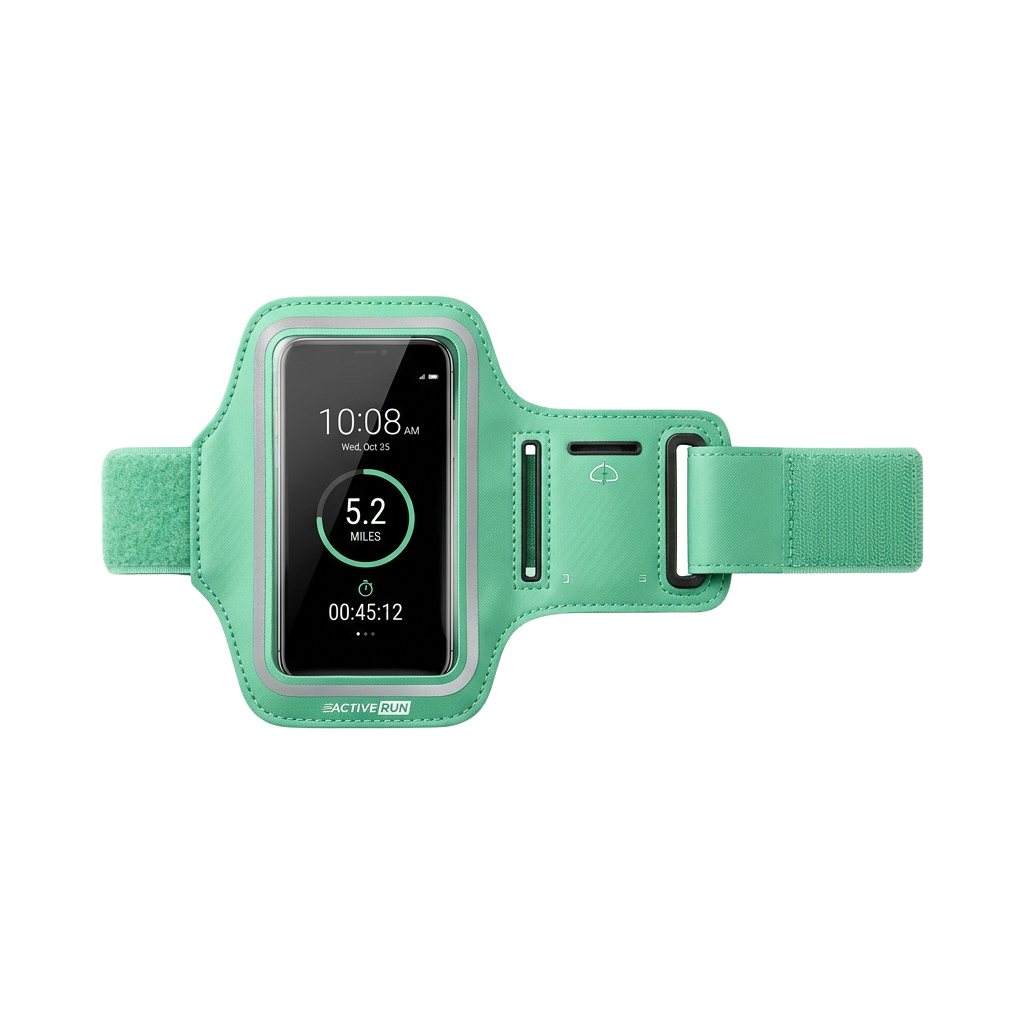 Mint green armband holding a smartphone displaying a running app with 5.2 miles and 45 minutes 12 seconds logged