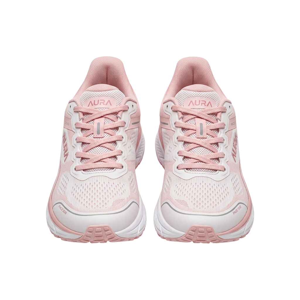Pair of light pink and white running shoes with mesh upper and laces