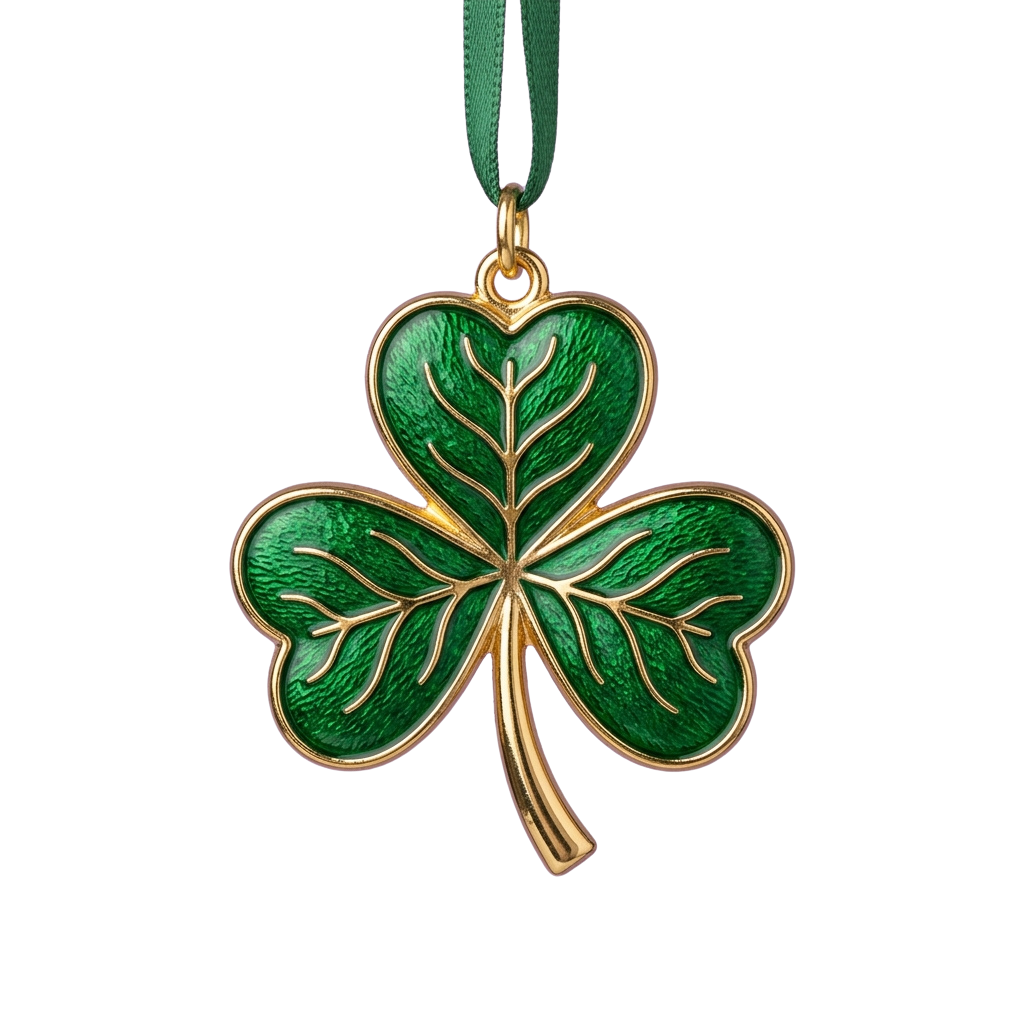 A decorative heart-shaped shamrock pendant with green enamel and gold detailing, hanging from a green ribbon.