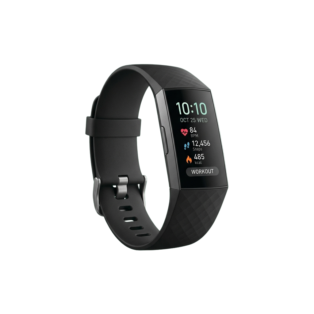 Black smart fitness tracker showing time, heart rate, steps, and calories burned