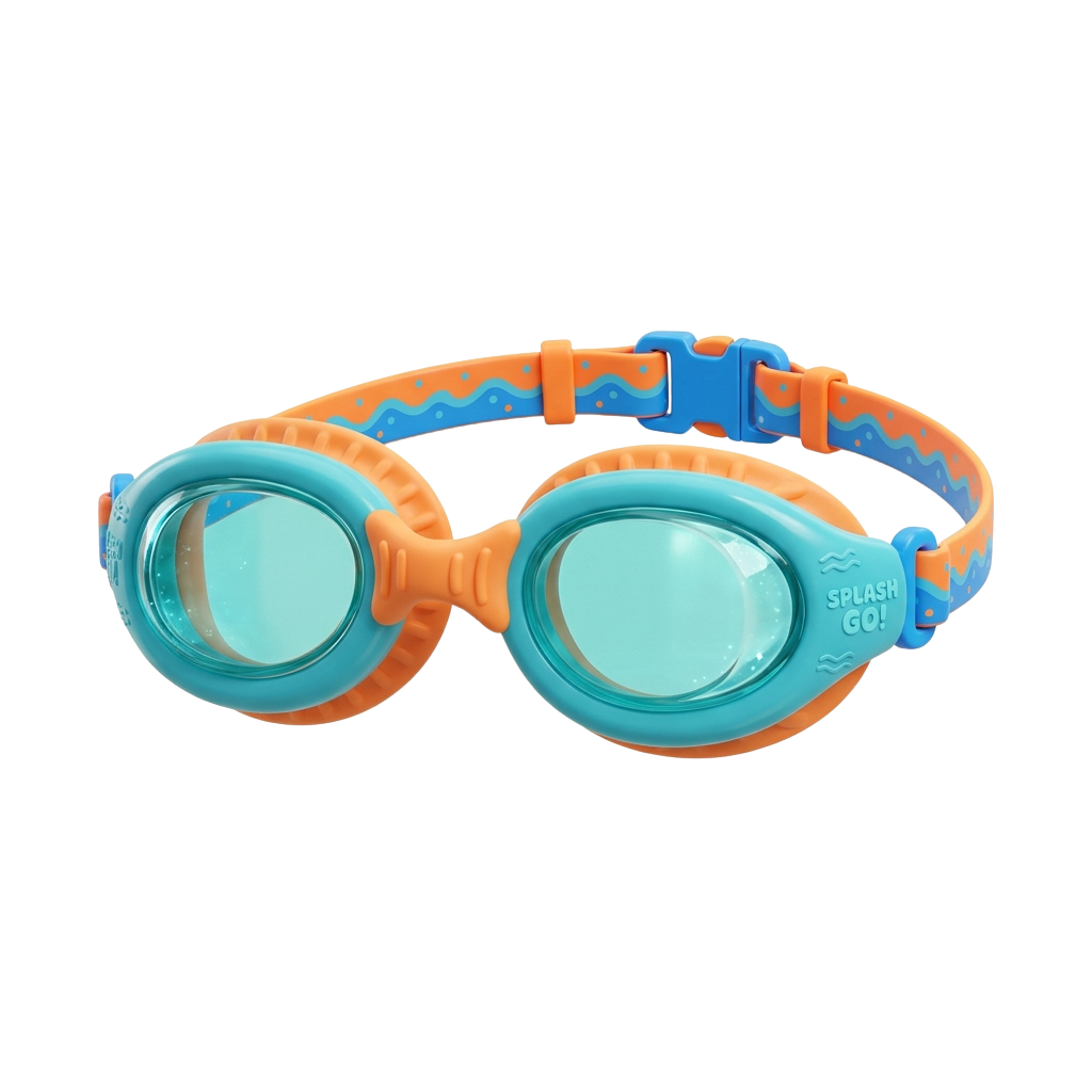 Bright orange and blue children’s swim goggles with a playful splash design on the strap