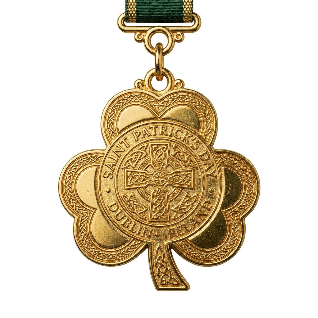 Gold-colored Saint Patrick's Day medal with a Celtic cross and shamrock design, hanging on a ribbon