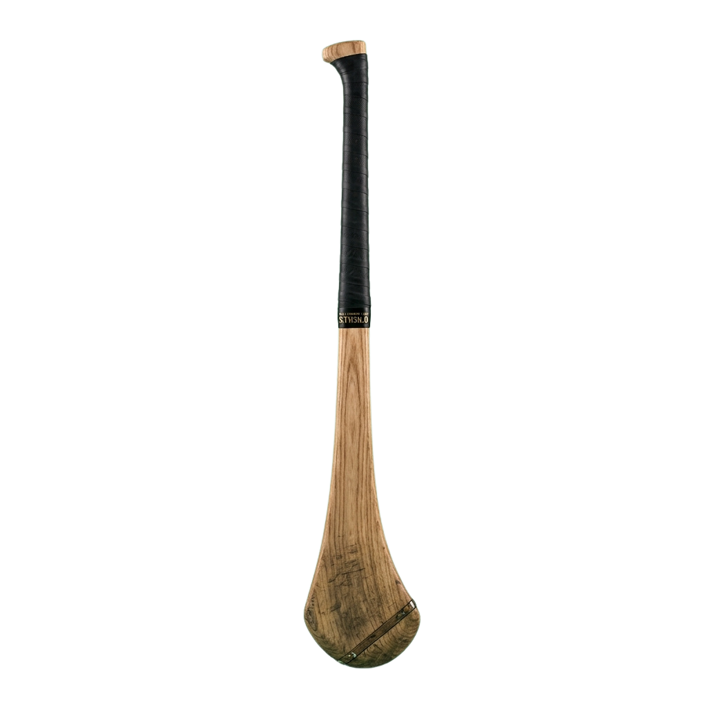 A wooden hurling stick with a black leather-wrapped handle and wooden shaft.