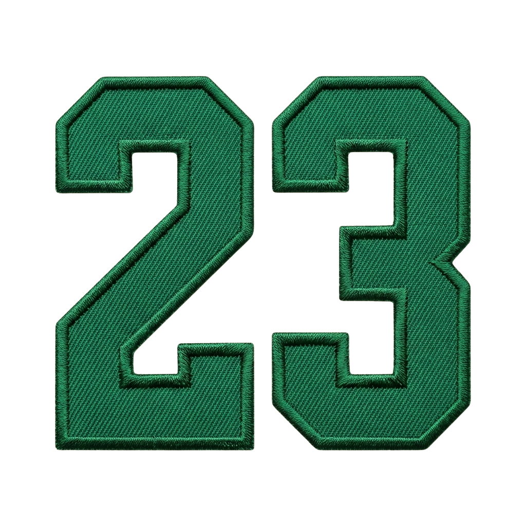 Green embroidered number 23 patch on black background