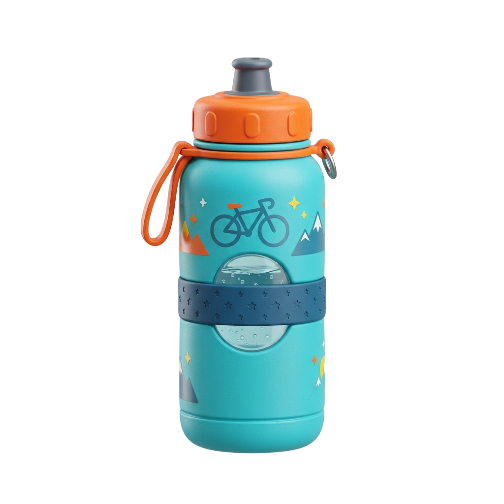 Bright blue water bottle with bicycle and camping graphics, orange lid, and carrying handle