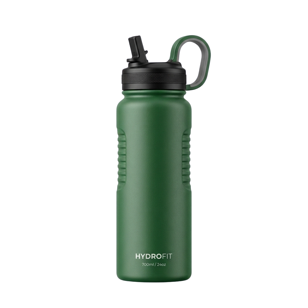 Green insulated water bottle with black lid and handle, labeled HydroFit 700ml 24oz