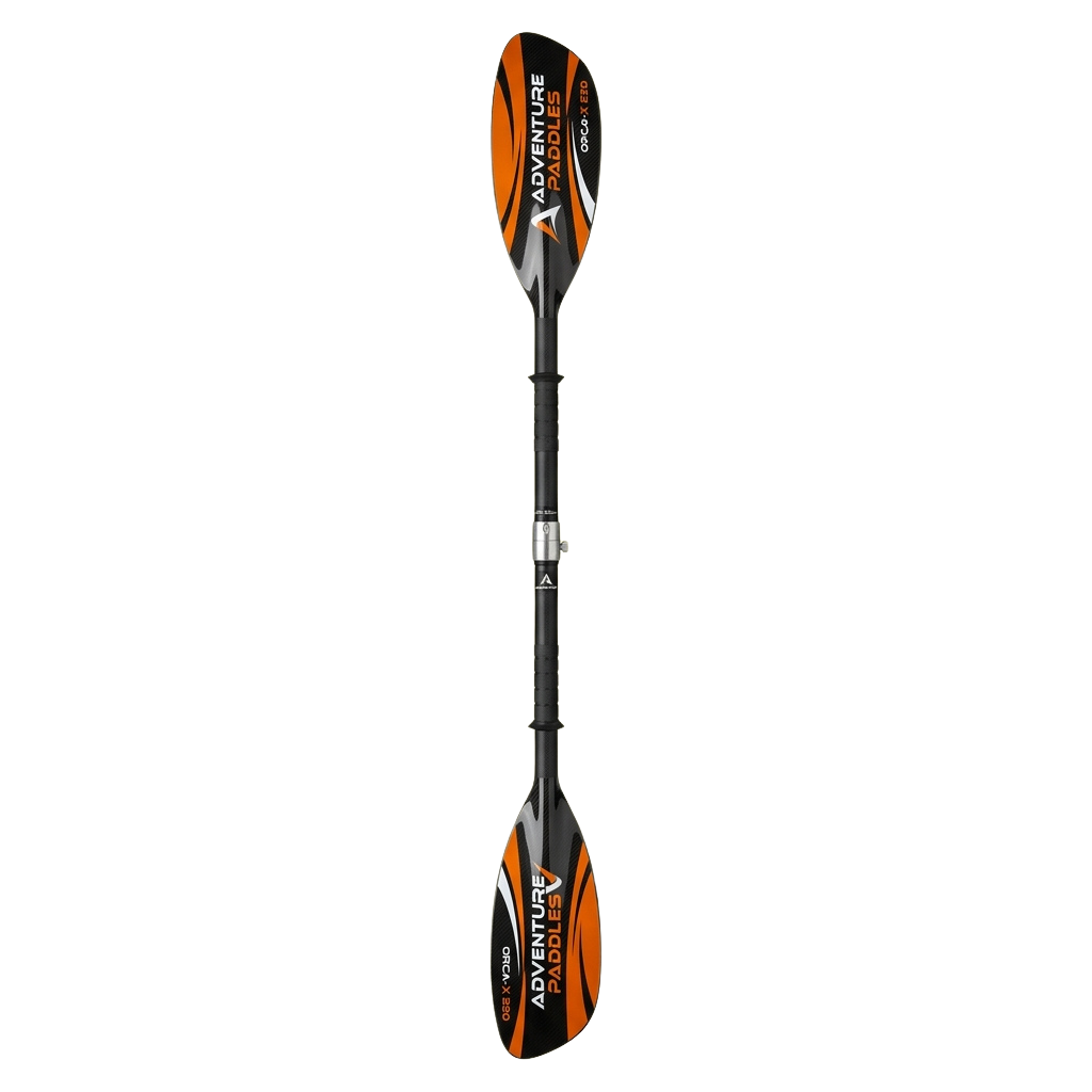 Adjustable kayak paddle with orange and black blade and shaft against dark background