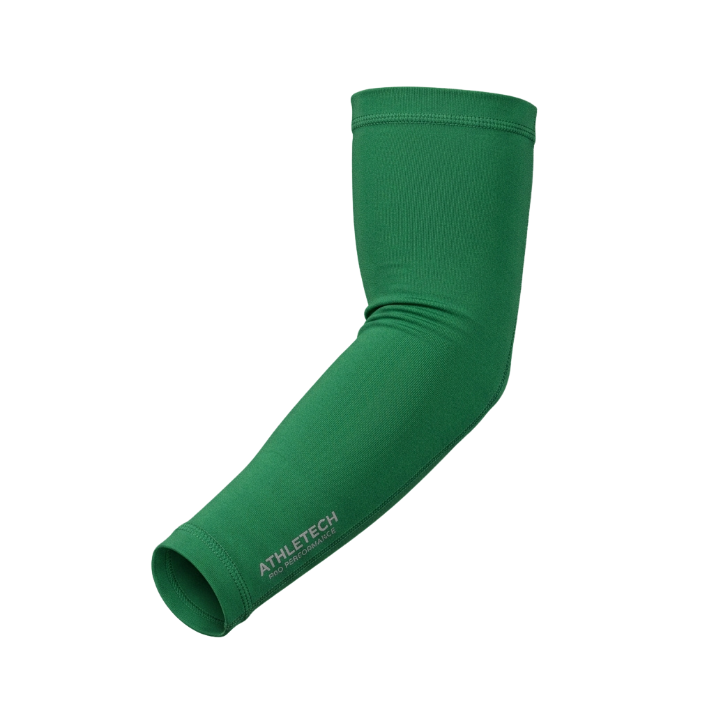 Bright green arm compression sleeve with text branding on the inside of the elbow area