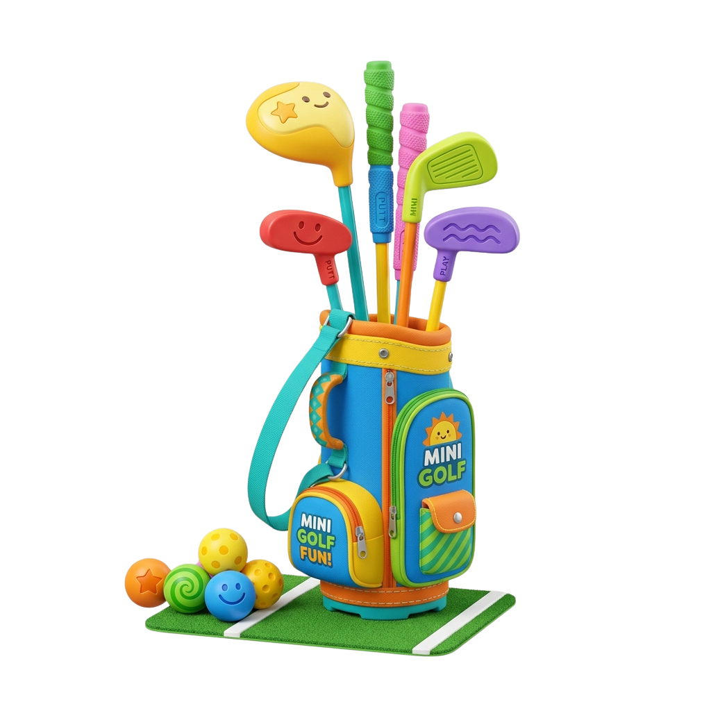 A cheerful mini golf toy set featuring a bag with six colorful golf clubs and four smiley golf balls on a green mat.