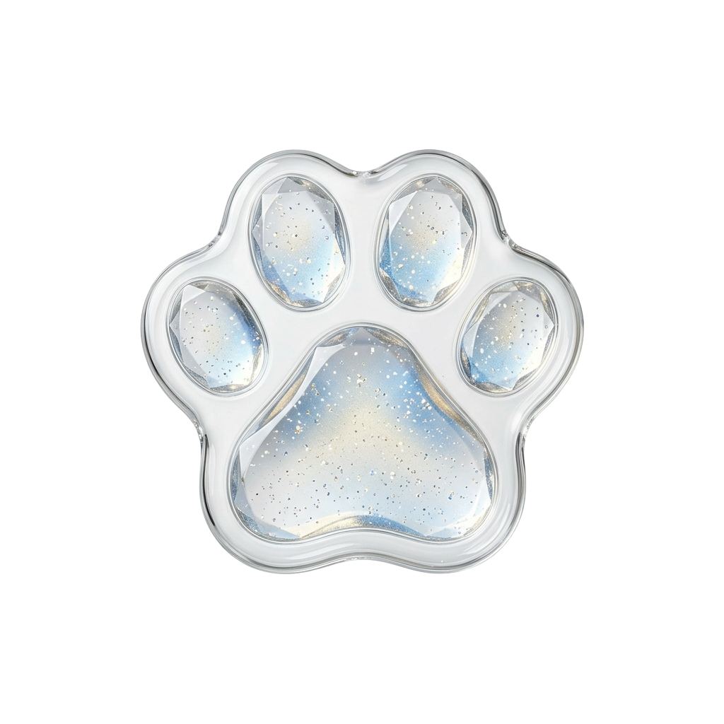 A clear plastic ice cube tray shaped like a paw print with five individual compartments.