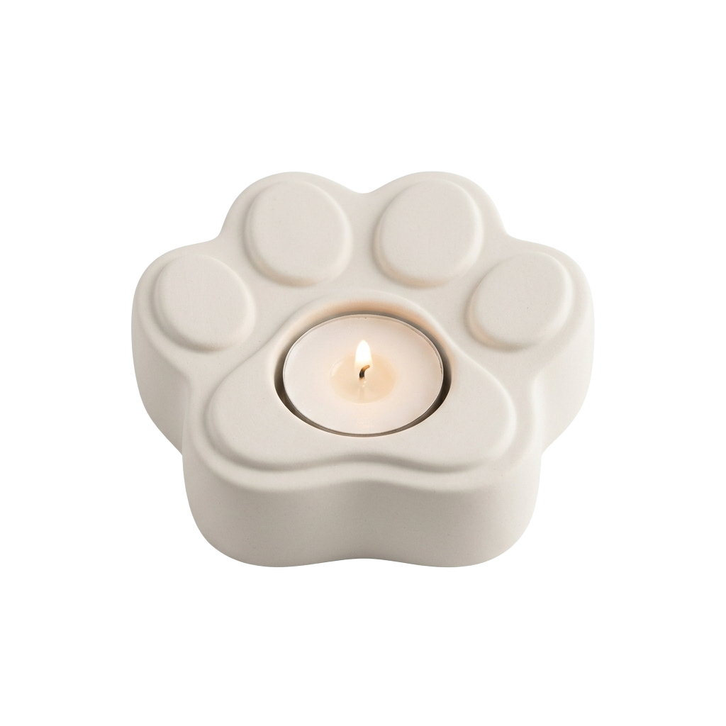 A white ceramic candle holder shaped like a paw with a lit tea light in the center