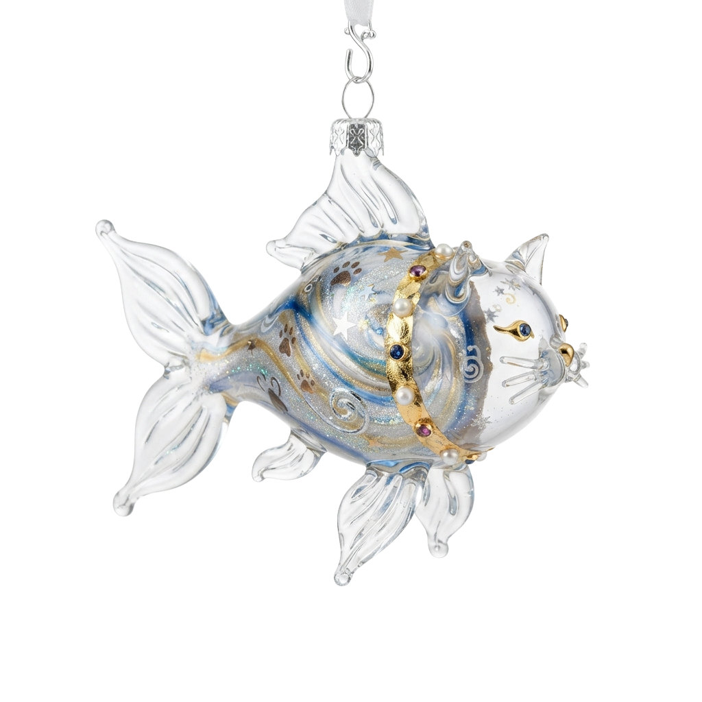 Decorative glass ornament shaped like a catfish with swirling blue and gold patterns and embedded sparkles, hanging on a silver loop.