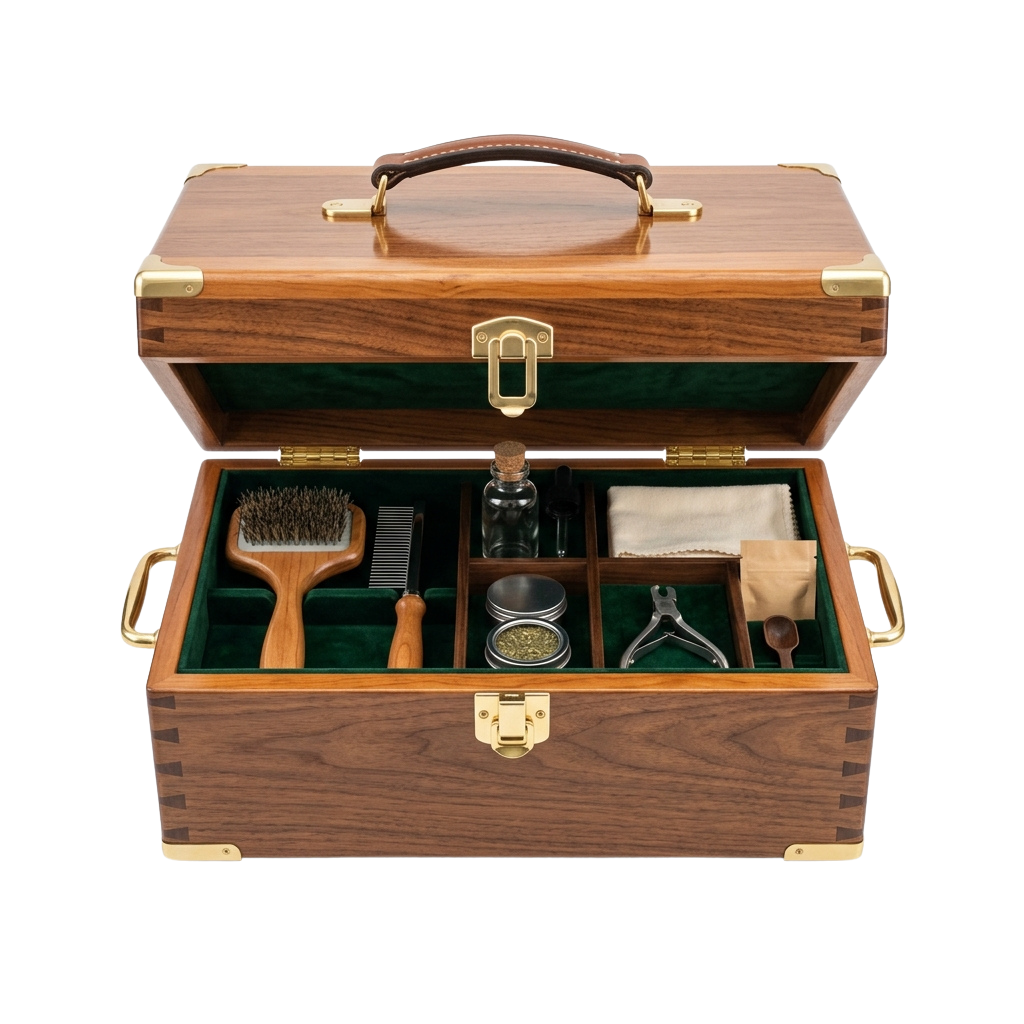 Open vintage wooden grooming case containing brushes, comb, scissors, and other grooming tools