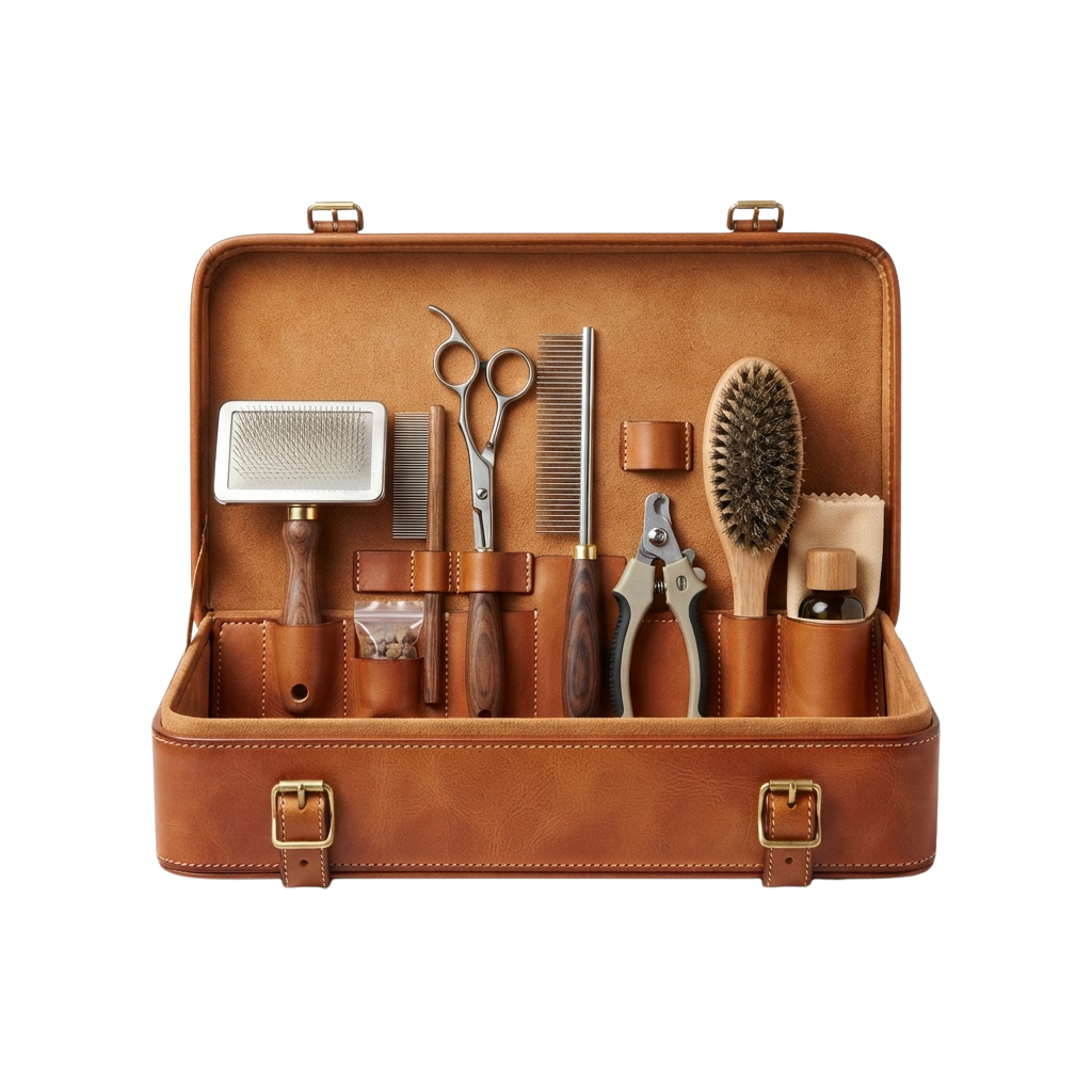 Open leather case displaying grooming tools including scissors, brushes, combs, and pliers